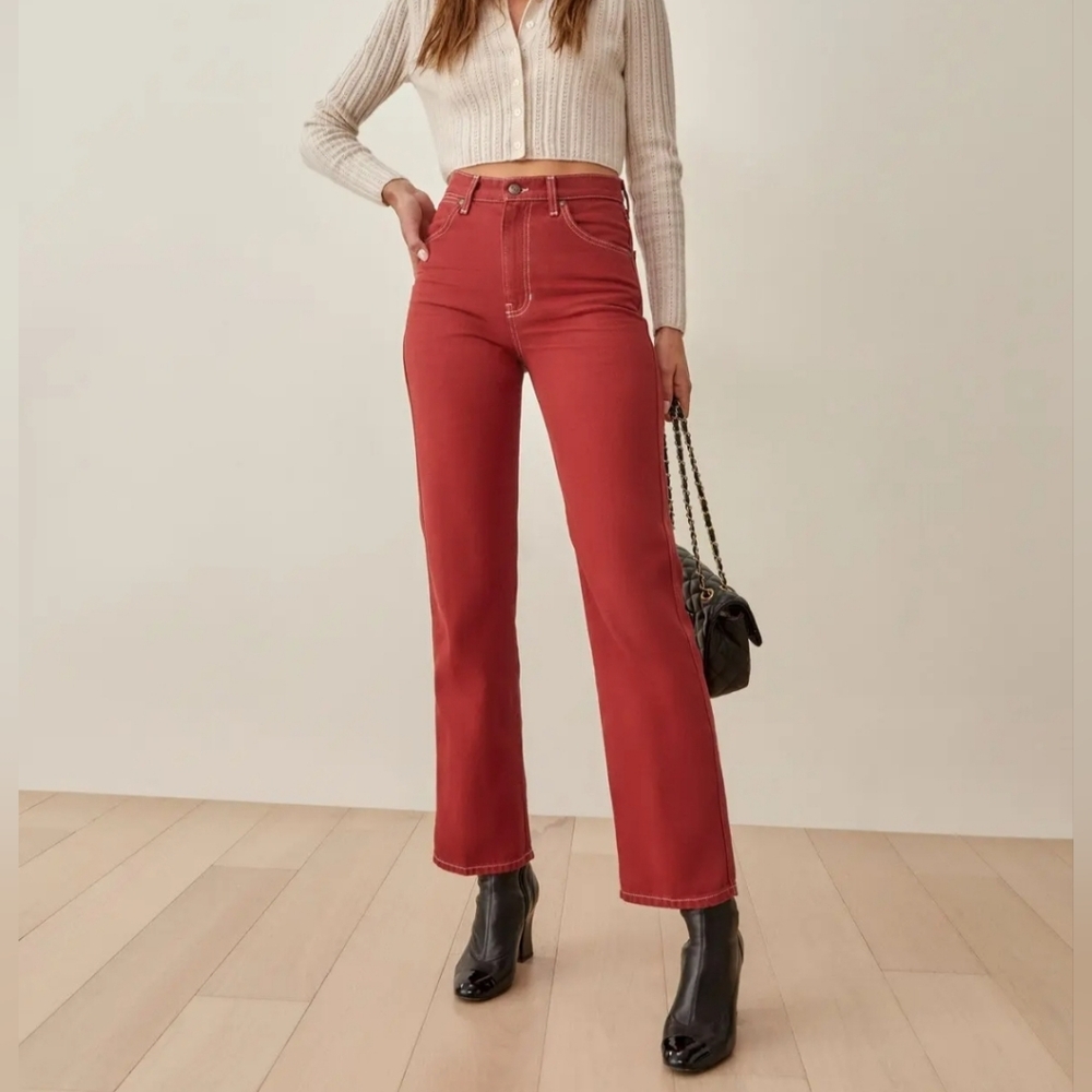 Reformation Red Cowboy High Rise Straight Jeans